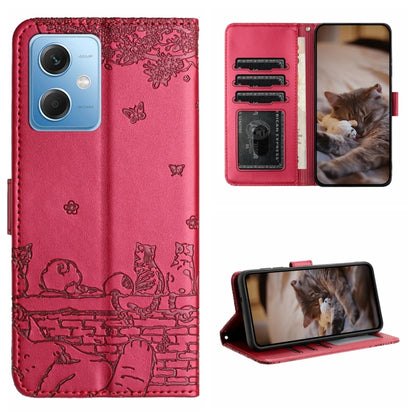 Cat-embossed leather phone case with lanyard, red, folio wallet with card slots