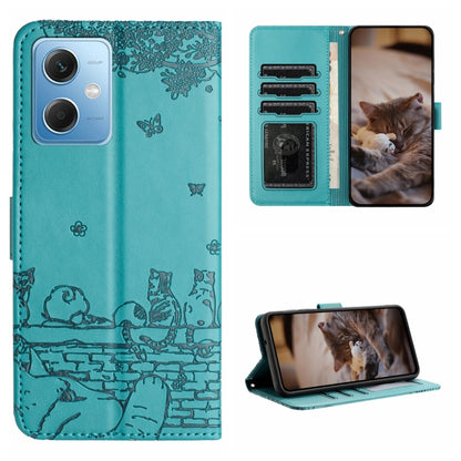 Cat-embossed leather phone case with lanyard, teal, folio wallet with card slots
