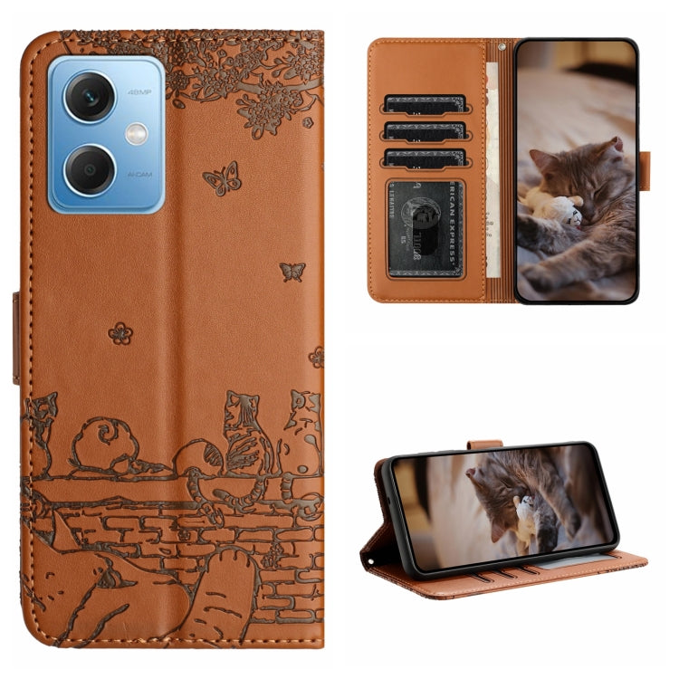 Cat-embossed leather phone case with lanyard, tan, folio wallet with card slots