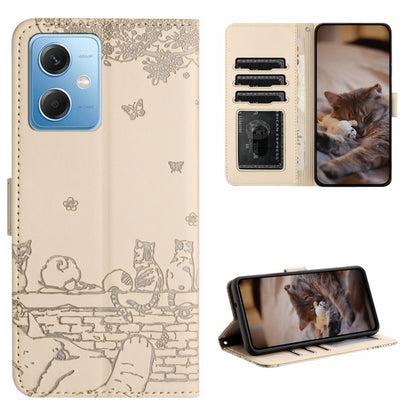 Cat embossing leather phone case with lanyard, card slots and stand, beige