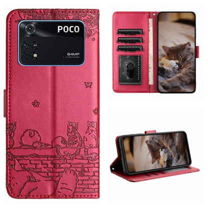 Cat-embossed leather phone case with lanyard, red with cat and butterfly pattern