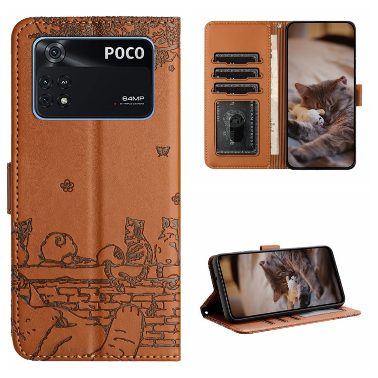 Cat-embossed leather phone case with lanyard, brown with cat and butterfly pattern