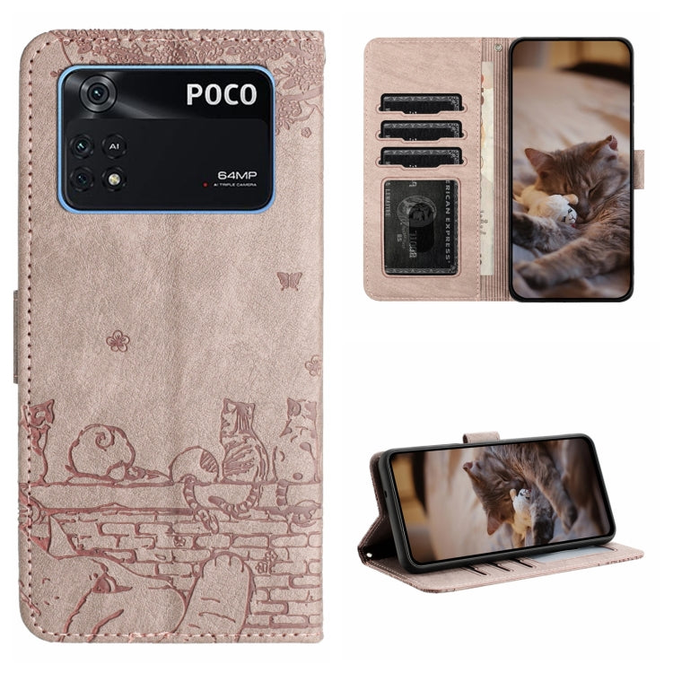Cat-embossed leather flip phone case with lanyard, beige with red cat print