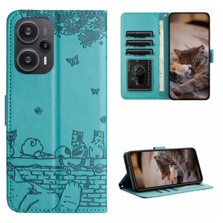 Teal cat embossed leather-style phone case with lanyard, card slots and stand view