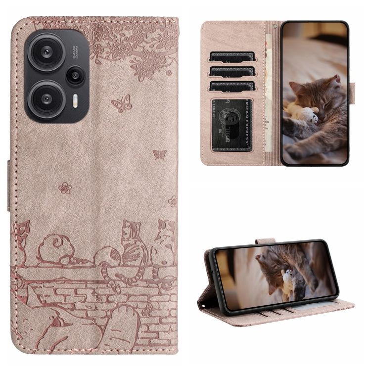 Beige cat-embossed leather-style phone case with lanyard, card slots and stand.