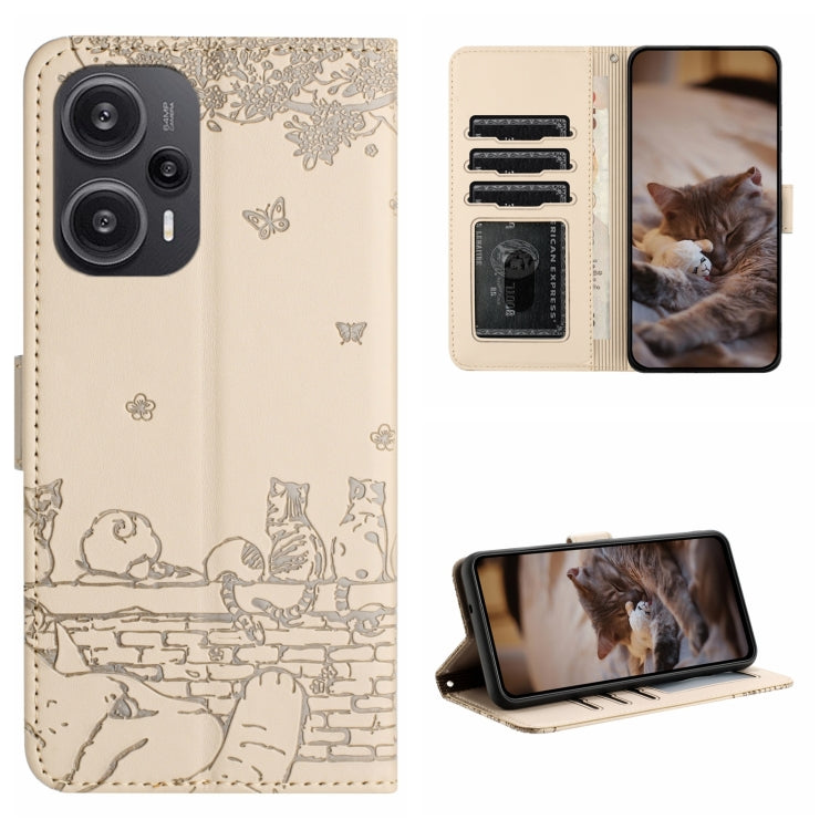 Beige cat embossed leather-style folio phone case with lanyard and card slots.