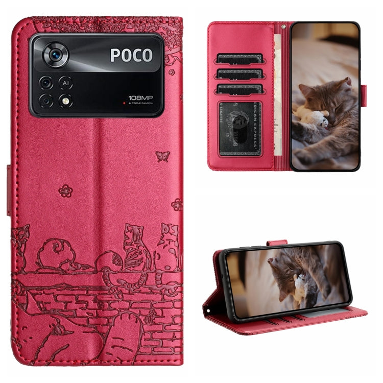 Cat-embossed leather flip phone case with lanyard, red with cat print and card slots