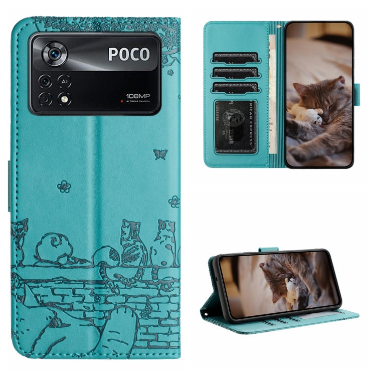 Cat-embossed leather flip phone case with lanyard, teal with cat print and card slots