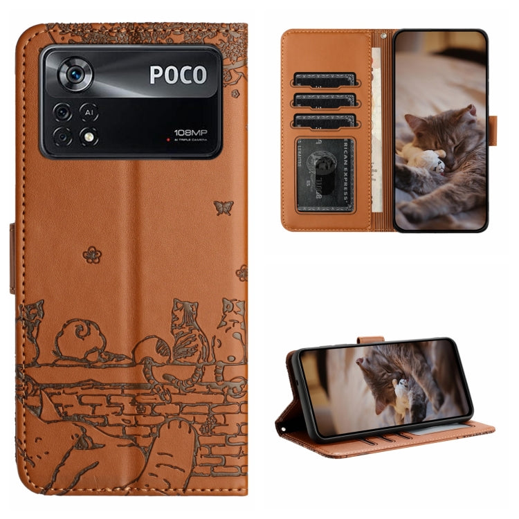 Cat-embossed leather flip phone case with lanyard, brown with cat print and card slots