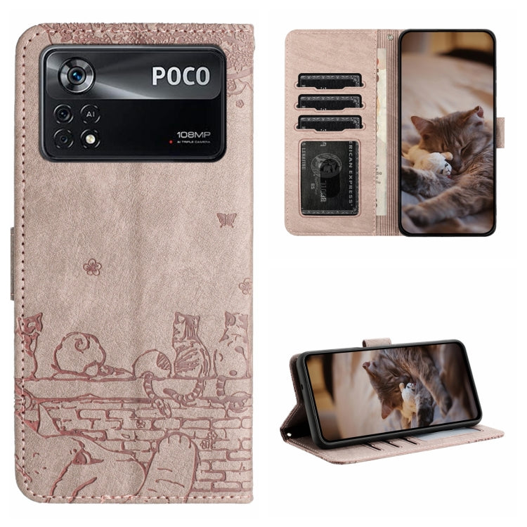 Cat-embossed leather flip phone case with lanyard, light beige with red cat print