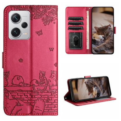 Cat-embossed leather phone case with lanyard, red, folio wallet with card slots