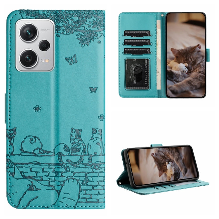 Cat-embossed leather phone case with lanyard, teal, folio wallet with card slots