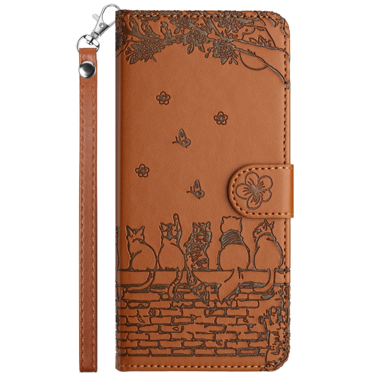 Cat-embossed leather phone case with lanyard strap, brown folio wallet