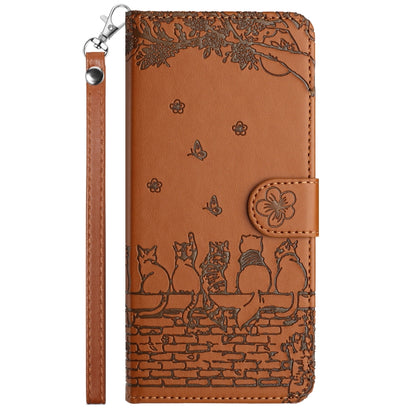 Cat-embossed leather phone case with lanyard strap, brown folio wallet