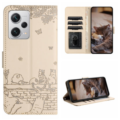 Cat-embossed leather phone case with lanyard, light beige, folio wallet with card slots