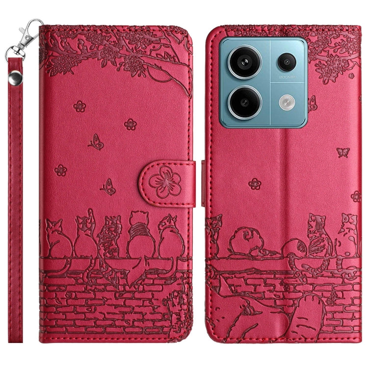 Cat embossed leather-style phone case with lanyard, red, front and back view
