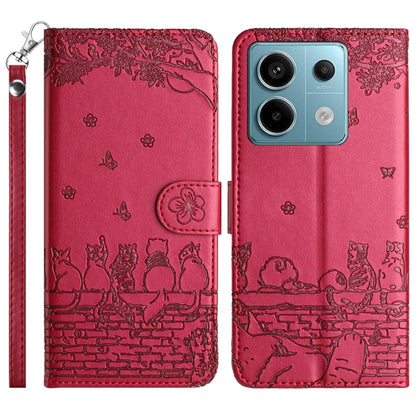 Cat embossed leather-style phone case with lanyard, red, front and back view