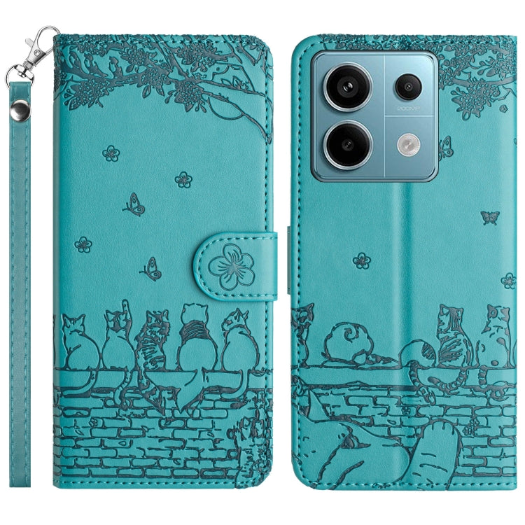 Cat embossed leather-style phone case with lanyard, teal, front and back view