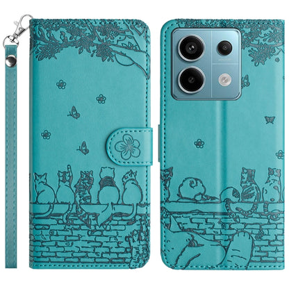 Cat embossed leather-style phone case with lanyard, teal, front and back view
