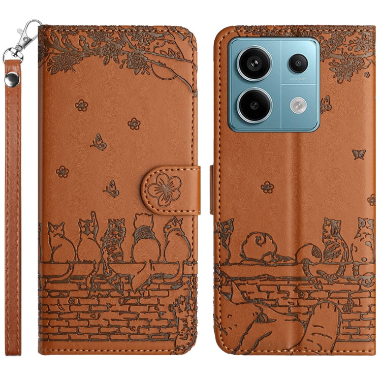 Cat embossed leather-style phone case with lanyard, brown-orange, front and back view