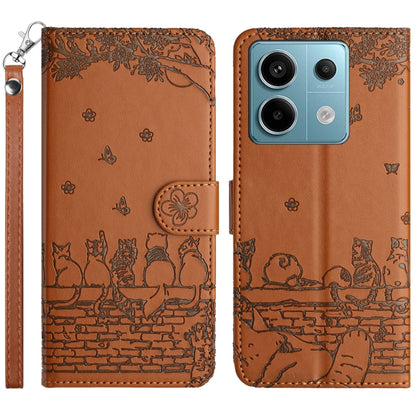 Cat embossed leather-style phone case with lanyard, brown-orange, front and back view