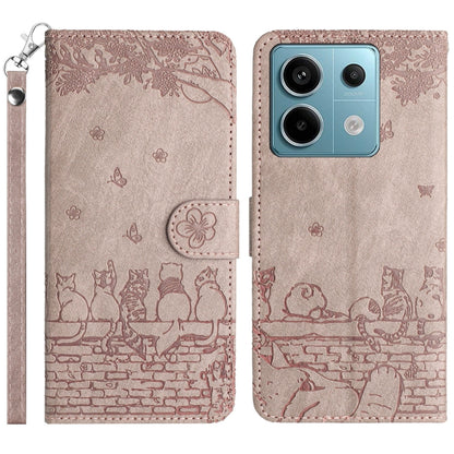 Cat embossed leather-style phone case with lanyard, taupe, front and back view