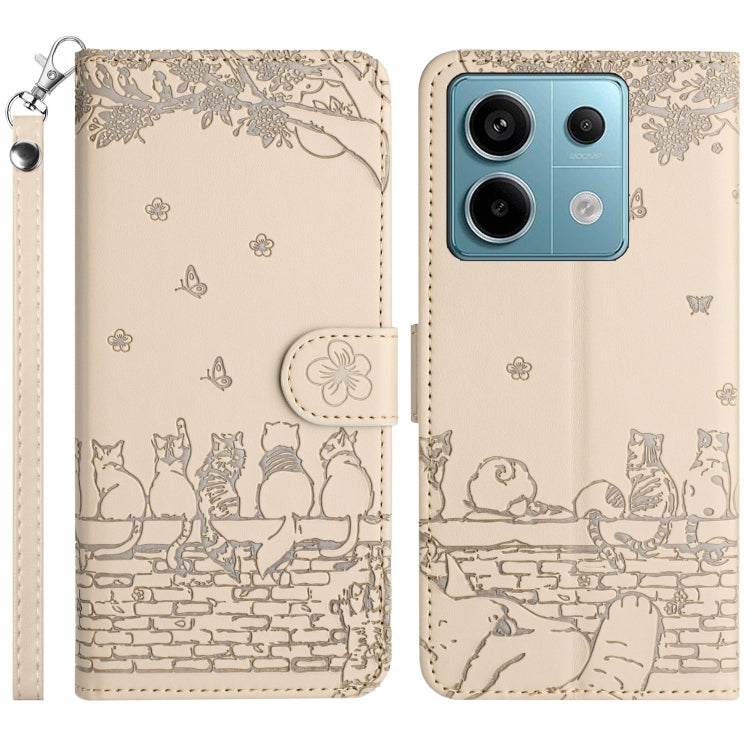 Cat embossed leather-style phone case with lanyard, cream-beige, front and back view