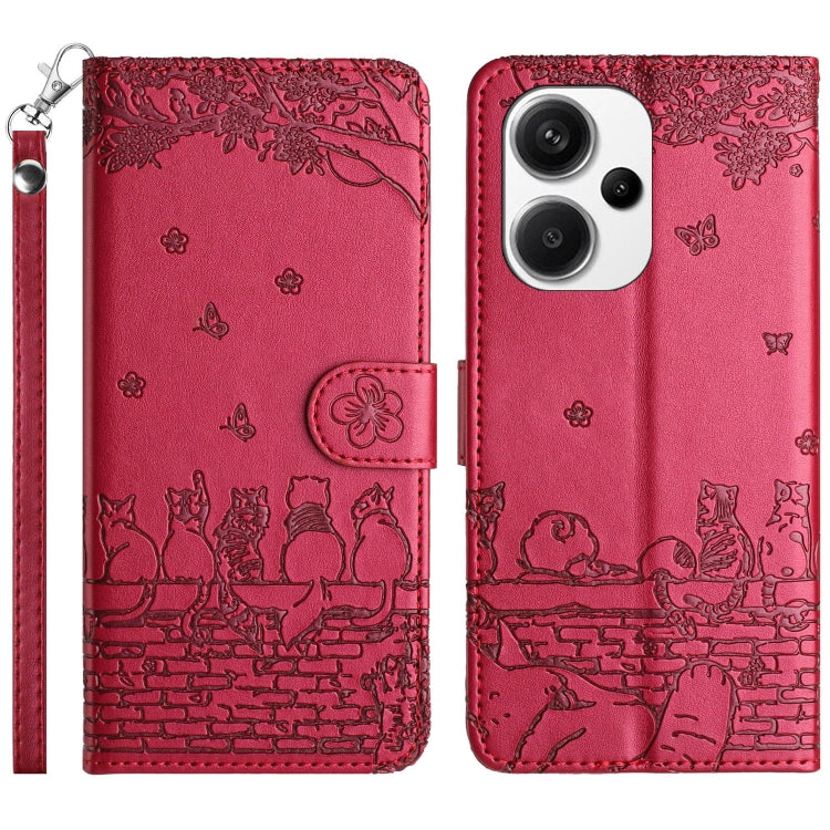 Cat-emboss pattern leather phone case with lanyard, red flip cover and camera cutout