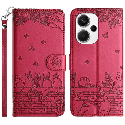 Cat-emboss pattern leather phone case with lanyard, red flip cover and camera cutout