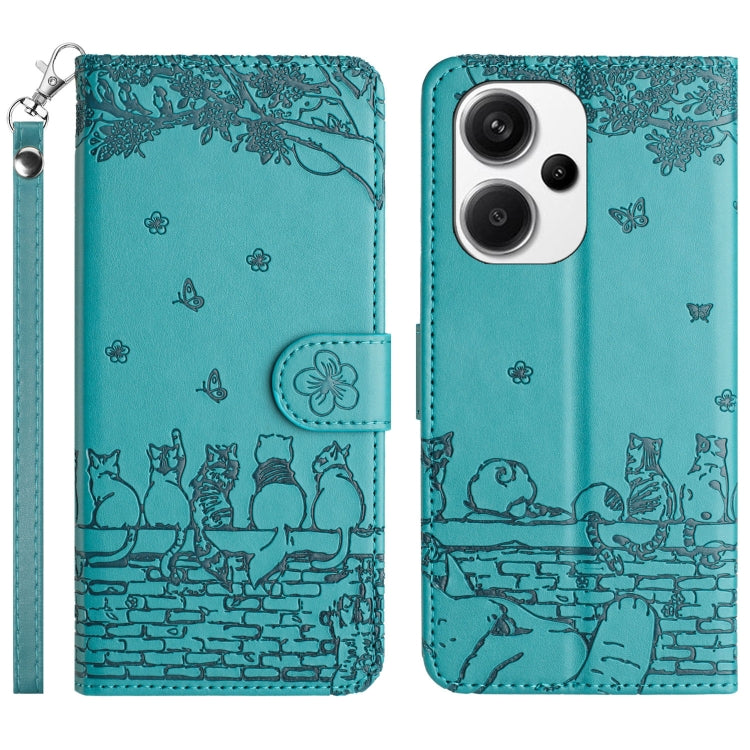 Cat-emboss pattern leather phone case with lanyard, blue flip cover and camera cutout