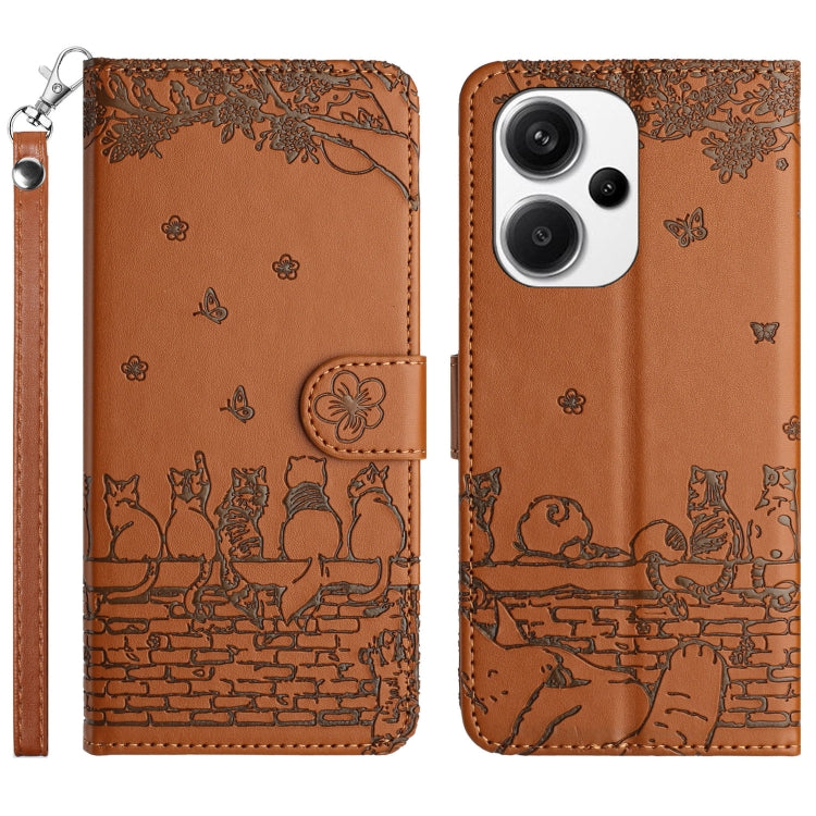 Cat-emboss pattern leather phone case with lanyard, brown flip cover and camera cutout