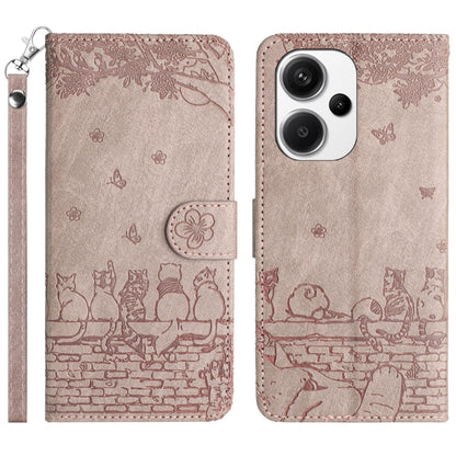Cat embossed leather-style phone case with lanyard, brown, front and back view