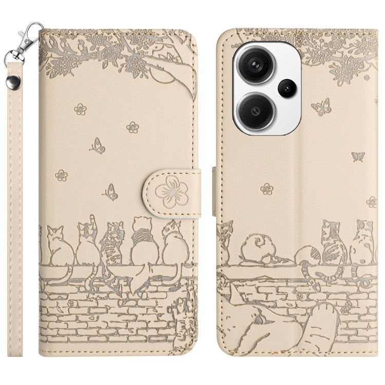 Cat embossed leather-style phone case with lanyard, beige, front and back view