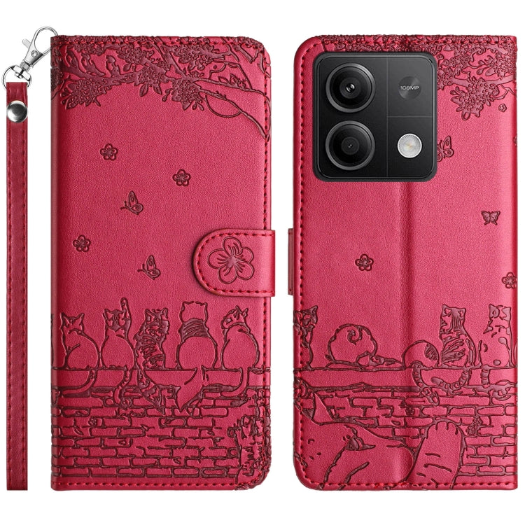 Cat-emboss pattern leather phone case with lanyard, red flip cover