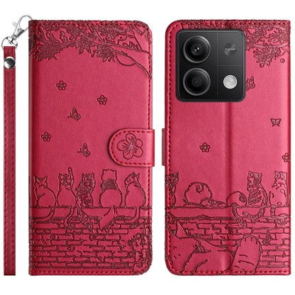 Cat-emboss pattern leather phone case with lanyard, red flip cover