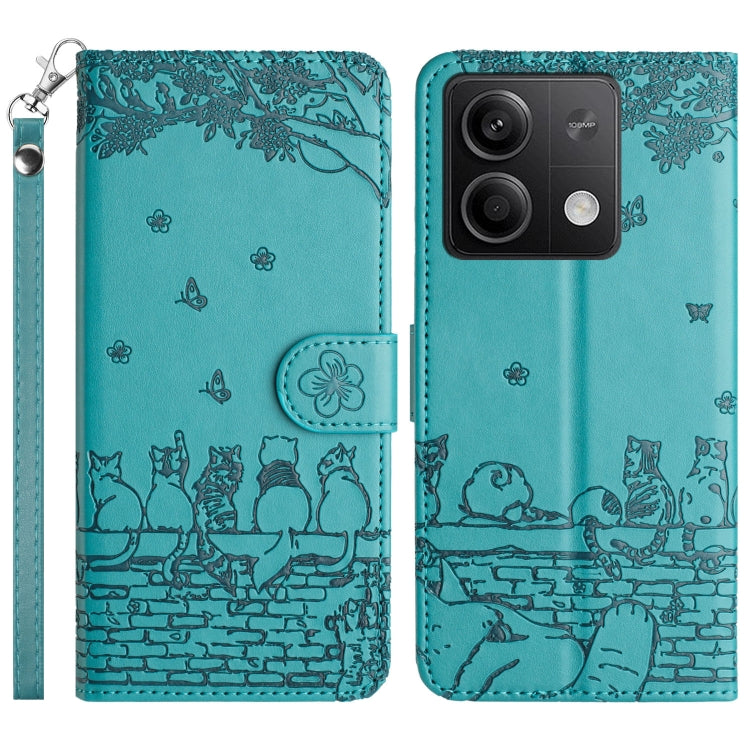 Cat-emboss pattern leather phone case with lanyard, teal/blue flip cover