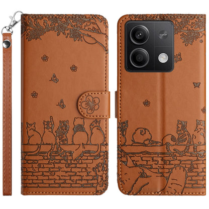 Cat-emboss pattern leather phone case with lanyard, brown flip cover