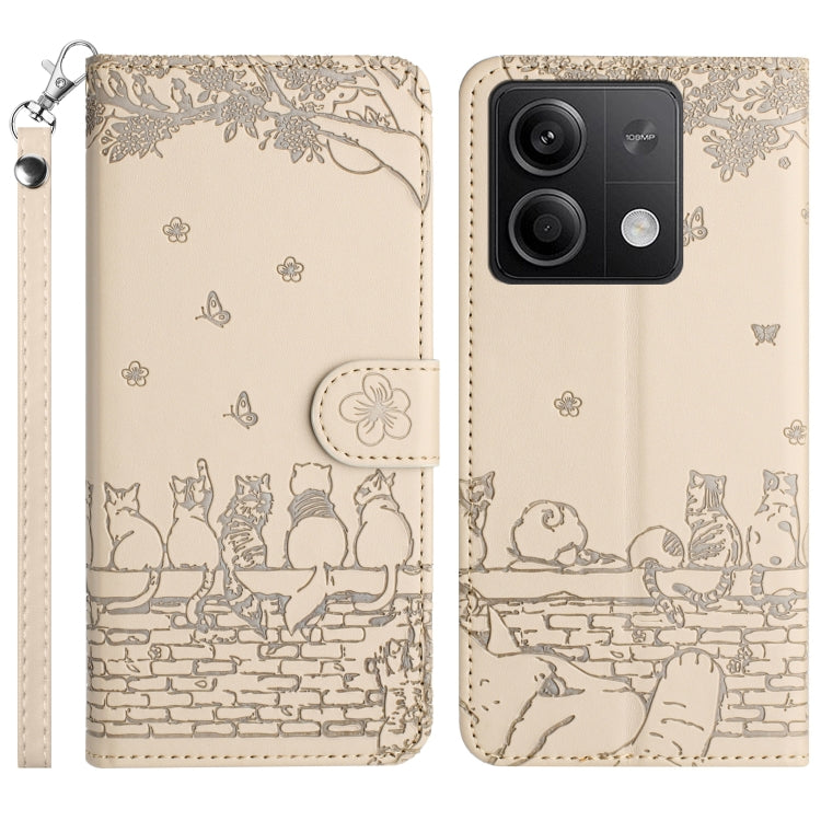 Cat-emboss pattern leather phone case with lanyard, beige flip cover and camera cutout