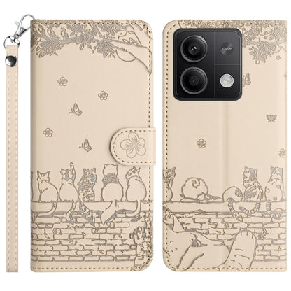 Cat-emboss pattern leather phone case with lanyard, beige flip cover and camera cutout
