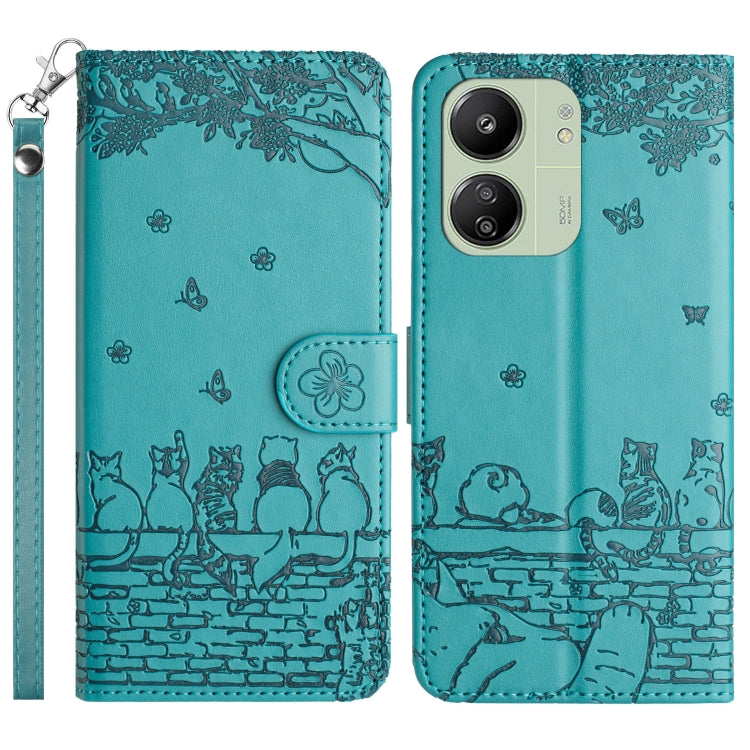 Blue-green cat embossing pattern leather phone case with lanyard, magnetic flap and card slot