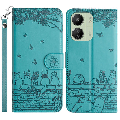 Blue-green cat embossing pattern leather phone case with lanyard, magnetic flap and card slot