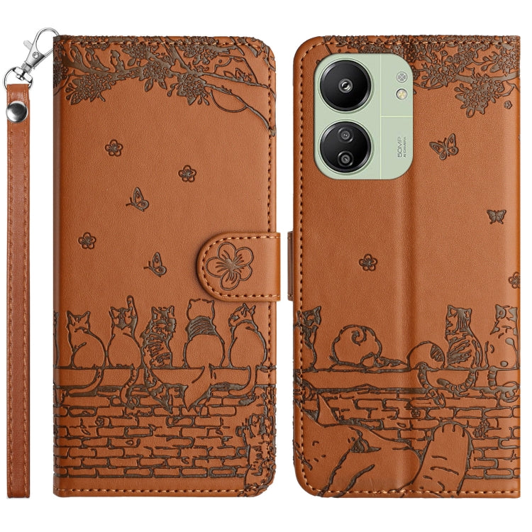 Tan/brown cat embossing pattern leather phone case with lanyard, magnetic flap and card holder