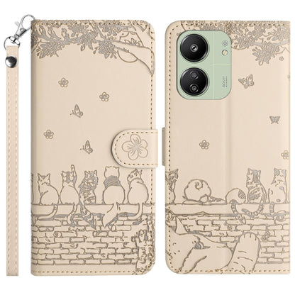 Cat-emboss pattern leather phone case with lanyard, beige flip cover