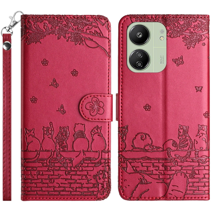 Cat embossed leather phone case with lanyard, red, front and back view