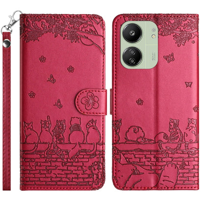 Cat embossed leather phone case with lanyard, red, front and back view