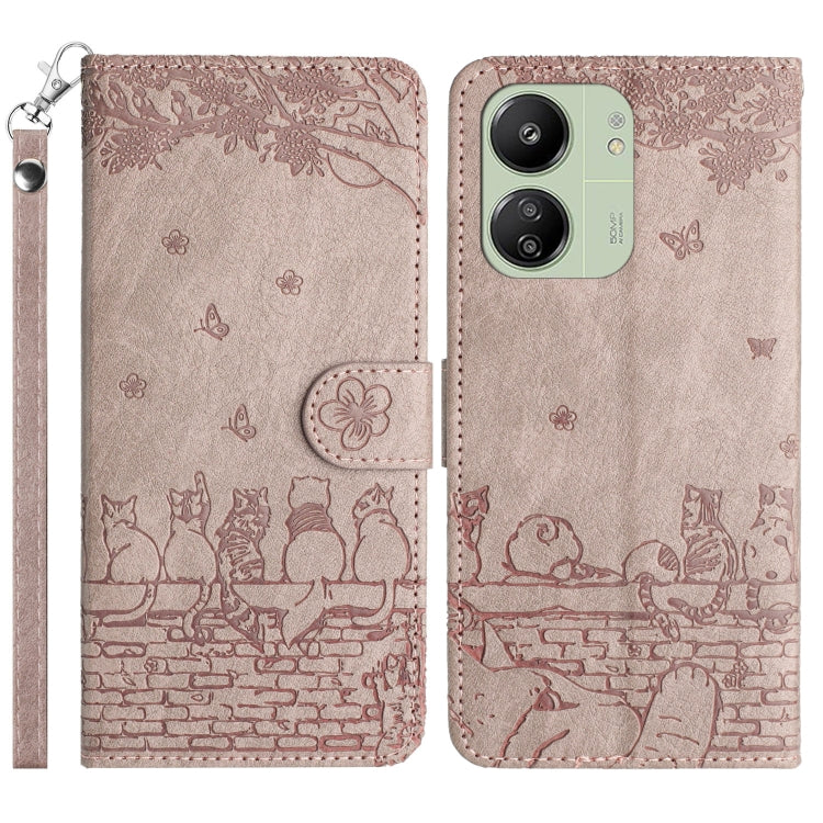 Cat embossed leather phone case with lanyard, light brown, front and back view
