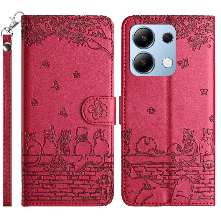 Red cat embossing pattern leather phone case with lanyard, magnetic flap and card holder