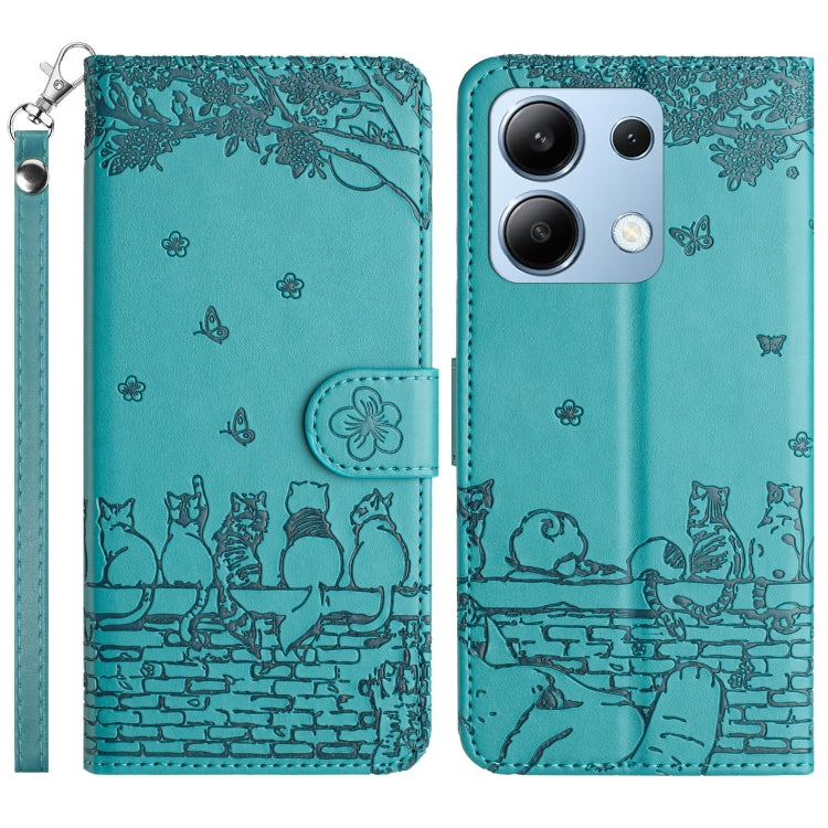 Teal cat embossing pattern leather phone case with lanyard, magnetic flap and card holder