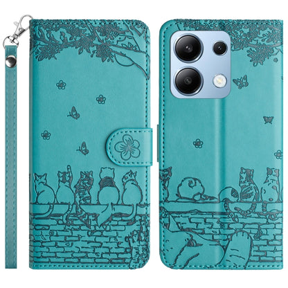 Teal cat embossing pattern leather phone case with lanyard, magnetic flap and card holder