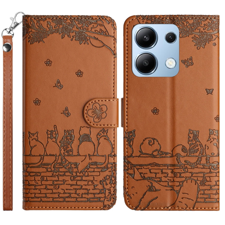 Brown/orange cat embossing pattern leather phone case with lanyard, magnetic flap and holder